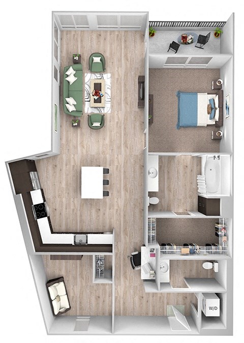Floor plan for 1 bed, 1.5 baths, 955 sqft